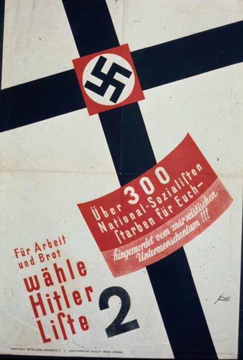 Translation: "Over 300 National Socialists died for you — murdered by Marxist subhumanity!!! For work and food vote Adolf Hitler List 2." The reference is to deaths to members of the National Socialist German Workers' Party during political battles on the streets and in political gatherings. The Christian imagery is clear. The tie-in of the Hakenkreuz to other crosses, as well as the German Iron Cross.